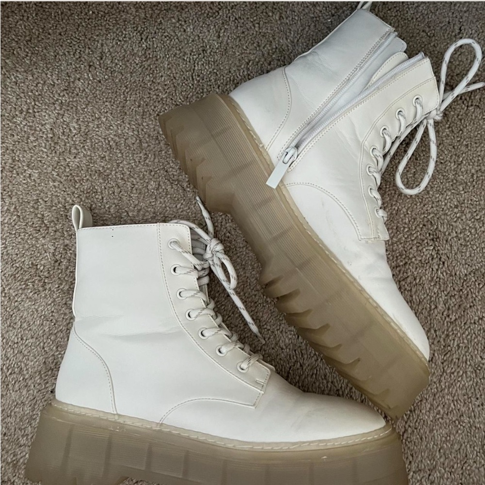 White and cream gummy combat boots